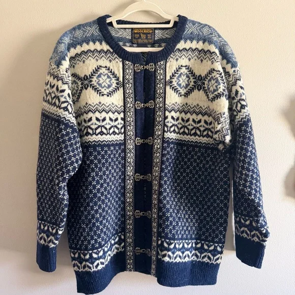 Woolrich vintage Navy and White Nordic Wool Cardigan size large - Picture 2 of 6
